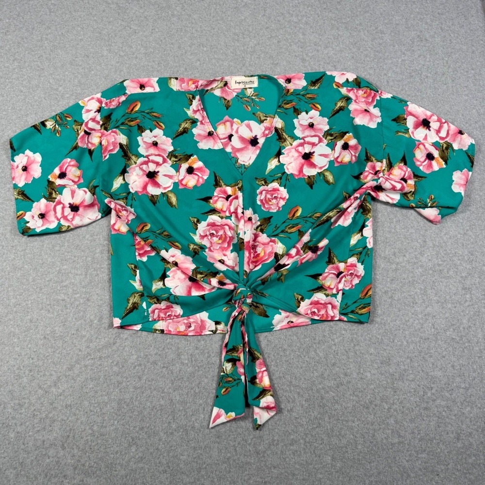 Impressions Teal Pink Floral Tie Front Crop Top Blouse Medium V-Neck Beach Party